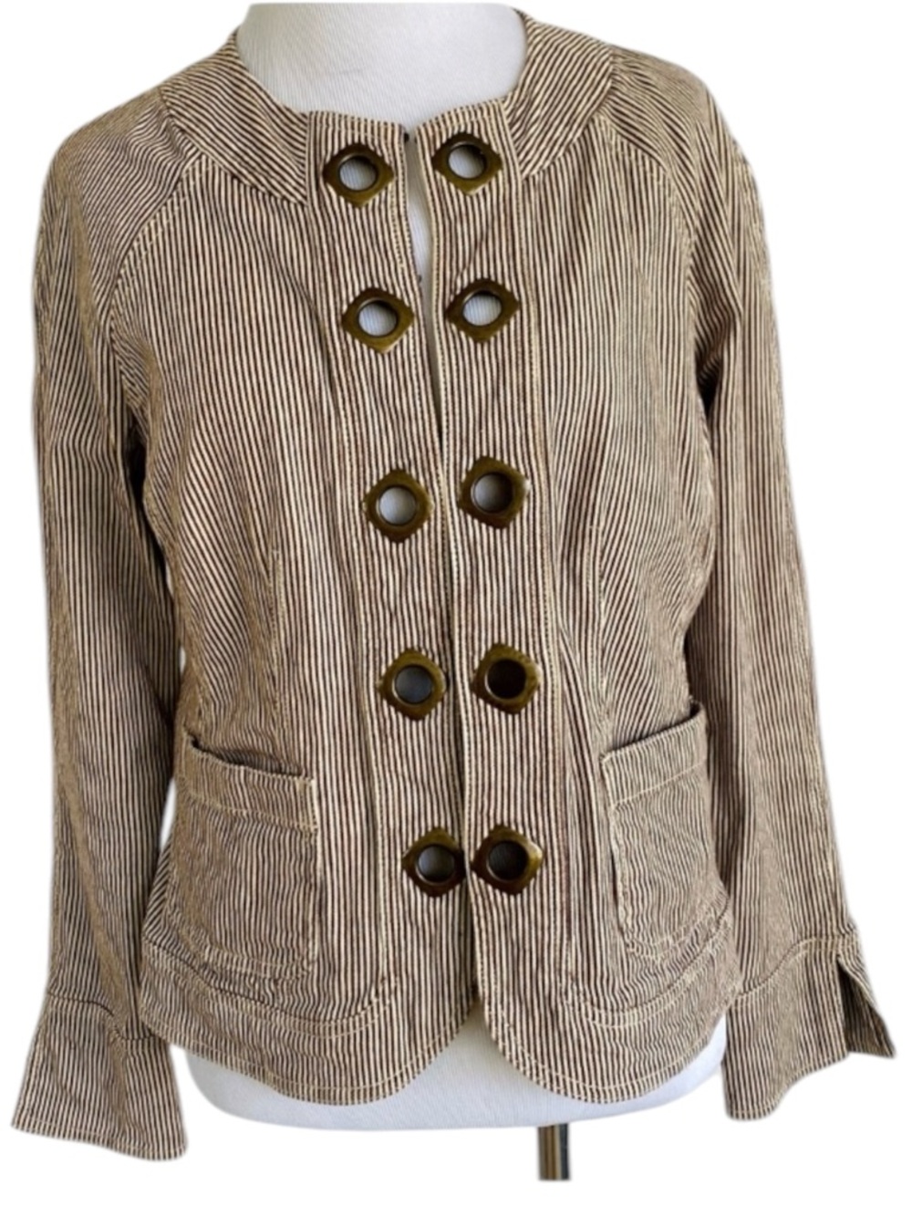 AMI BLAZER BROWN STRIPE SMALL GROMMETS LONG SLEEVE PETITE COLLARLESS PS